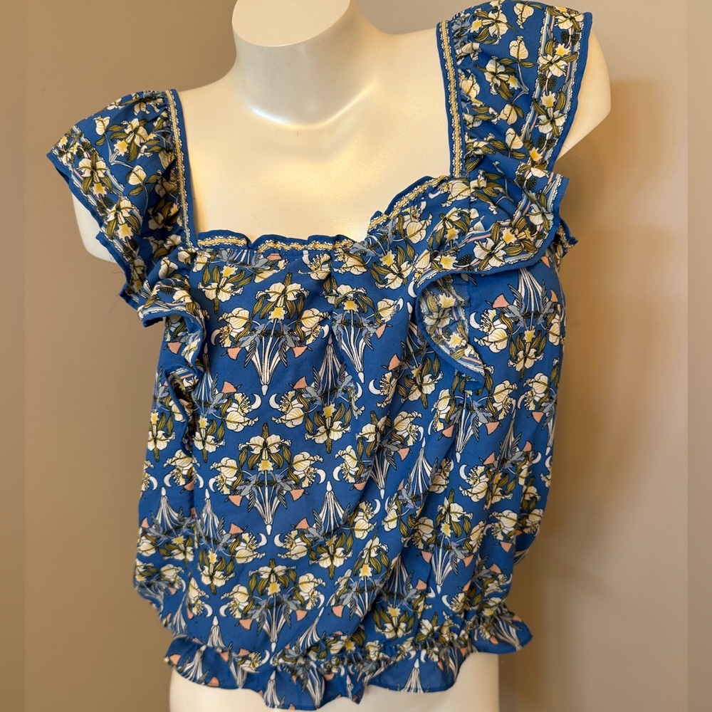 NEW Max Studio Womens Blue Floral Tank Top Sz L Summer Ruffle Boho Festival